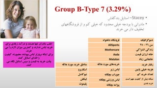 Group B-Type 7 (3.29%)
•Stacey–‫بندکفش‬ ‫استایل‬
•‫فروشگاهه‬ ‫از‬ ‫و‬ ‫کم‬ ‫خیلی‬ ‫که‬ ‫محدود‬ ‫خیلی‬ ‫بودجه‬ ‫با‬ ‫مادرانی‬‫ای‬
‫خرند‬ ‫می‬ ‫دار‬ ‫تخفیف‬
‫دموگرافیک‬
‫سن‬26-35
‫اشتراکی‬ ‫زندگی‬
‫قیمت‬ ‫ارزان‬ ‫خانه‬
‫جابجایی‬‫زیاد‬
‫رفتار‬‫خرید‬
‫خیلی‬ ‫هزینه‬‫پایین‬
‫تعداد‬‫کم‬ ‫خرید‬
‫سبک‬‫مهم‬ ‫کیفیت‬ ‫از‬ ‫بیش‬‫است‬
‫نقدی‬ ‫خرید‬
‫دلخواه‬ ‫فروشگاه‬
AllSports
Mothercare
Asda
Matalan
‫خریدهای‬‫عالقه‬ ‫مورد‬
‫لباس‬‫زیر‬
‫بچگانه‬ ‫جوراب‬
‫لباس‬‫ورزشی‬‫بچگانه‬
‫بچگانه‬ ‫پیژامه‬
‫مناطق‬‫عالقه‬ ‫مورد‬ ‫خرید‬
‫اسکاربرو‬
‫نیوکاسل‬
‫لینکلن‬
‫پلیموث‬
‫ب‬ ‫زیادی‬ ‫درآمد‬ ‫و‬ ‫هستند‬ ‫تنها‬ ‫مادران‬ ‫اغلب‬‫رای‬
‫الزم‬ ‫میزان‬ ‫کمترین‬ ‫و‬ ‫ندارند‬ ‫لباس‬ ‫خرید‬‫می‬ ‫را‬
‫خرند‬.
‫مجب‬ ‫بپوشند‬ ‫لباس‬ ‫بروزتر‬ ‫اینکه‬ ‫برای‬‫کیفیت‬ ‫ورند‬
‫کنند‬ ‫استایل‬ ‫فدای‬ ‫را‬
‫نگ‬ ‫استایل‬ ‫سپس‬ ‫و‬ ‫قیمت‬ ‫به‬ ‫خرید‬ ‫وقت‬‫می‬ ‫اه‬
‫کنند‬.
 