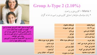 Group A-Type 2 (2.10%)
•Maria–‫راحت‬ ‫و‬ ‫کاربردی‬
•‫گر‬ ‫نه‬ ‫اما‬ ‫اسپرت‬ ‫و‬ ‫کاربردی‬ ‫استایل‬ ‫طرفدار‬ ،‫میانسال‬ ‫زنان‬‫ان‬
‫دموگرافیک‬
‫سن‬36-55
‫غیرسنتی‬ ‫خانواده‬
‫نشین‬ ‫آپارتمان‬
‫درآمد‬ ‫کم‬ ‫نسبتا‬
‫رفتار‬‫خرید‬
‫کنند‬ ‫می‬ ‫خرید‬ ‫حراجی‬ ‫در‬
‫نقدی‬‫خرند‬ ‫می‬
‫اقالم‬‫گیرن‬ ‫می‬ ‫کاربردی‬‫د‬
‫حجم‬‫محدود‬ ‫خرید‬
‫دلخواه‬ ‫فروشگاه‬
‫اسپورت‬ ‫دی‬ ‫جی‬
‫وایز‬ ‫بی‬
‫فیر‬ ‫شو‬
‫ورثز‬ ‫وول‬
‫خریدهای‬‫عالقه‬ ‫مورد‬
‫ترینر‬
‫ورزشی‬ ‫شلوار‬
‫زیر‬ ‫لباس‬
‫ساپورت‬ ‫و‬ ‫جوراب‬
‫مناطق‬‫عالقه‬ ‫مورد‬ ‫خرید‬
‫لندن‬ ‫غرب‬
‫برایتون‬ ‫مرکز‬
‫کرایدون‬
‫ادینبورگ‬-‫پرن‬ ‫خیابان‬‫س‬
‫هست‬ ‫کاربردی‬ ‫اقالم‬ ‫دنبال‬ ‫به‬ ‫گروه‬ ‫این‬‫تیپ‬ ‫و‬ ‫ند‬
‫است‬ ‫ایشان‬ ‫دوم‬ ‫اولویت‬ ‫در‬ ‫خوب‬
‫در‬ ‫روز‬ ‫طول‬ ‫که‬ ‫هستند‬ ‫لباسی‬ ‫دنبال‬ ‫به‬‫آن‬
‫ر‬ ‫مد‬ ‫و‬ ‫تغییر‬ ‫برای‬ ‫را‬ ‫لباس‬ ‫و‬ ‫باشند‬ ‫راحت‬‫وز‬
‫خواهند‬ ‫نمی‬ ‫بودن‬
‫کاربردی‬ ‫و‬ ‫قیمت‬ ‫اما‬ ‫هستند‬ ‫آگاه‬ ‫روز‬ ‫مد‬ ‫از‬
‫است‬ ‫تر‬ ‫مهم‬ ‫برایشان‬ ‫بودن‬
 