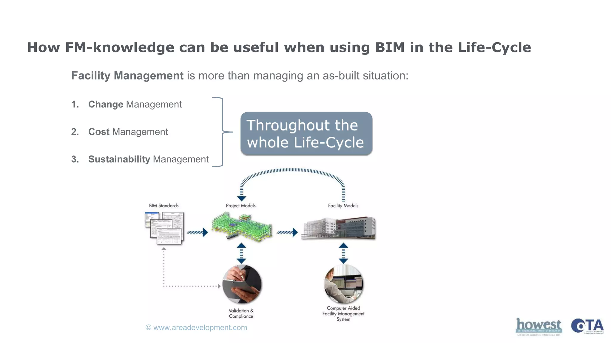 How FM-knowledge can be useful when using BIM in the Life-Cycle
Facility Management is more than managing an as-built situation:
1. Change Management
2. Cost Management
3. Sustainability Management
Throughout the
whole Life-Cycle
© www.areadevelopment.com
 