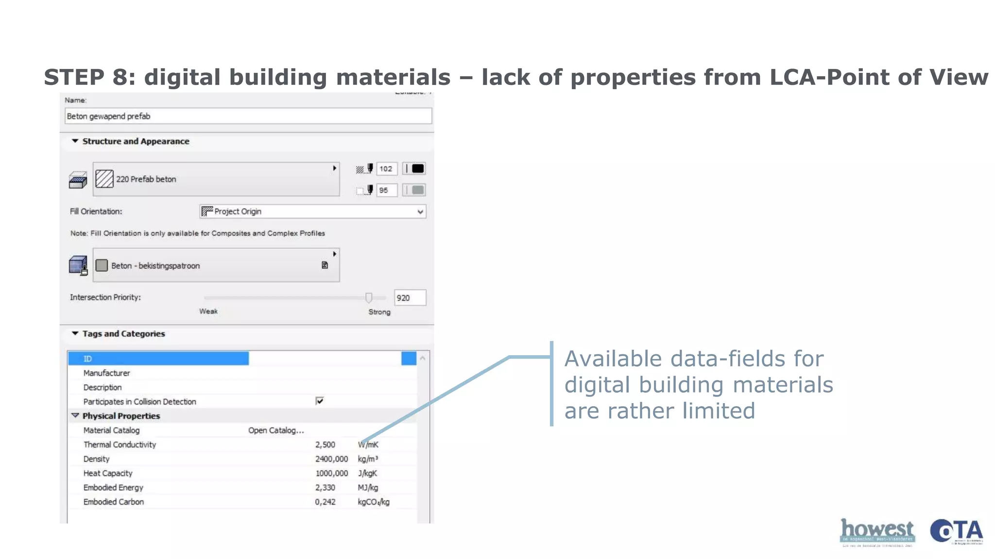 STEP 8: digital building materials – lack of properties from LCA-Point of View
Available data-fields for
digital building materials
are rather limited
 