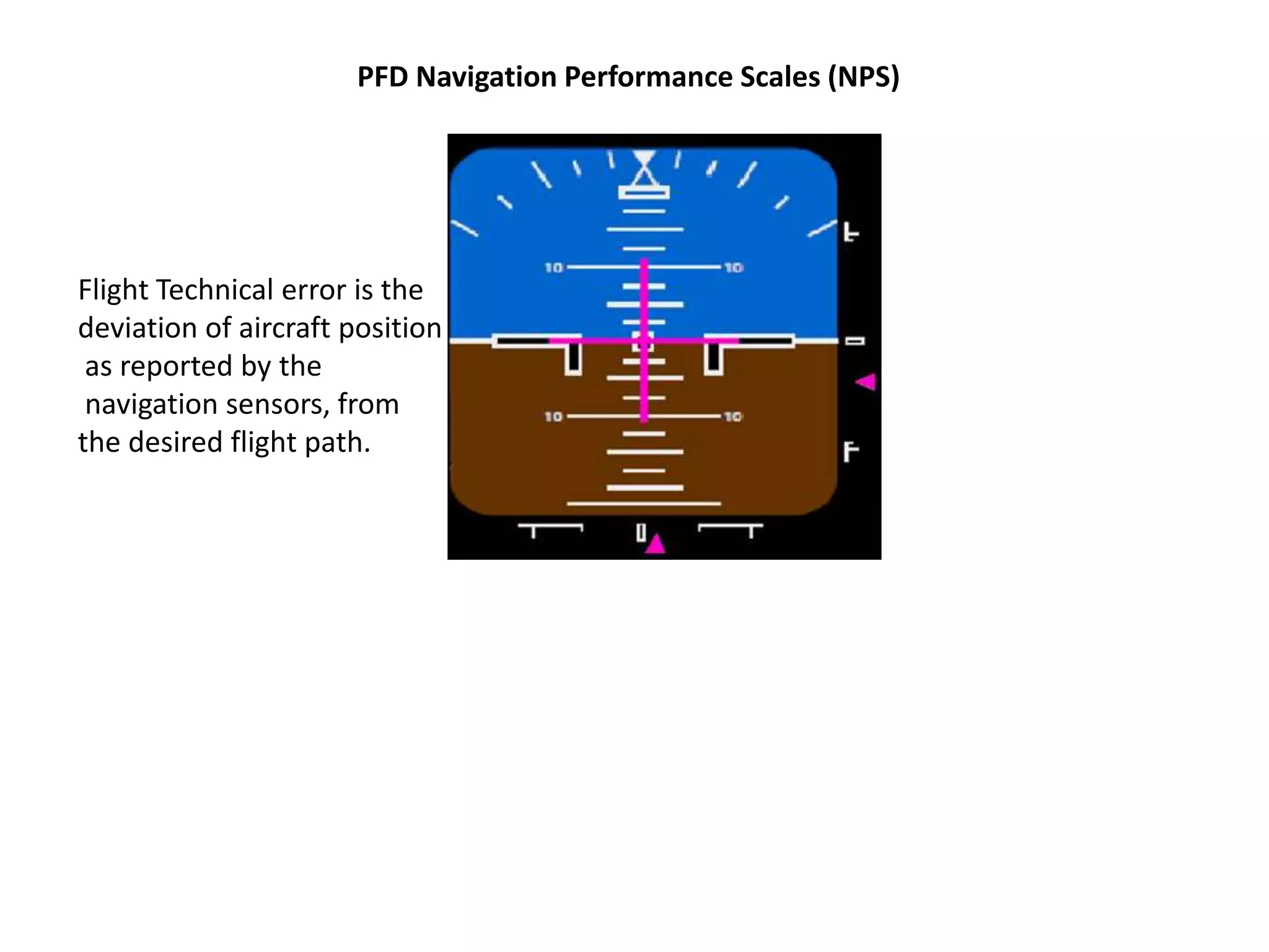 PFD Navigation Performance Scales (NPS)
NPS Deviation Scale
• lateral NPS deviation scale represents current FMC lateral RNP
The short bars can represent 0.5, 1,0 or 2,0 depending on current RNP
 