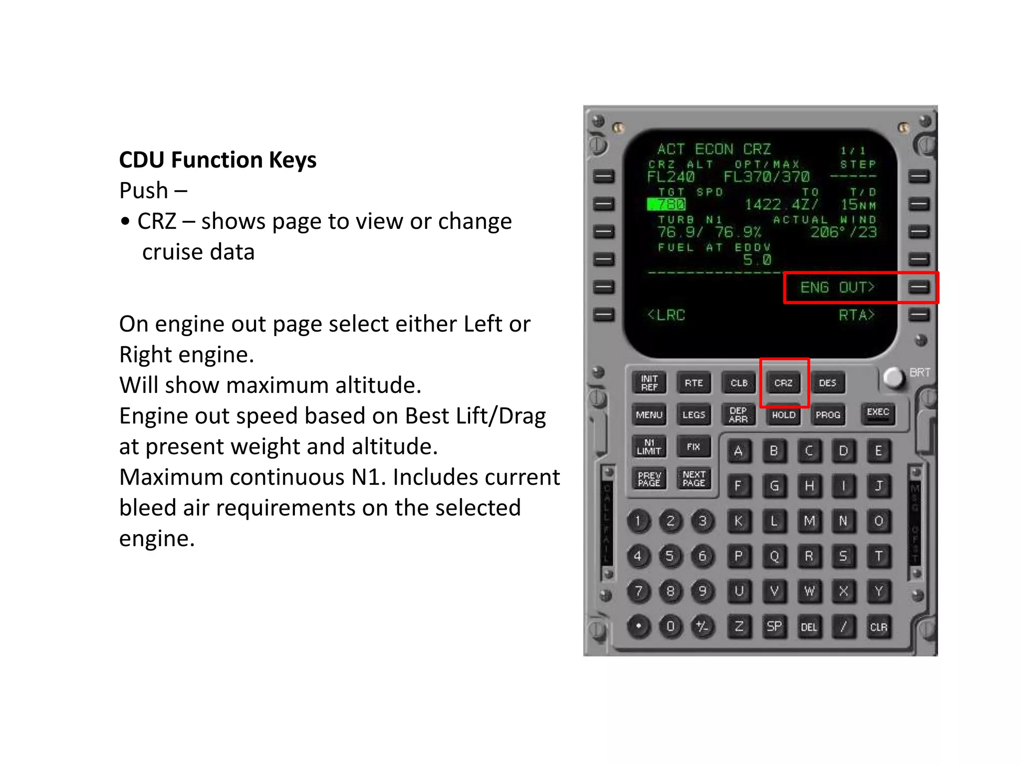 CDU Function Keys
Push –
• CRZ – shows page to view or change
cruise data
On engine out page select either Left or
Right engine.
Will show maximum altitude.
Engine out speed based on Best Lift/Drag
at present weight and altitude.
Maximum continuous N1. Includes current
bleed air requirements on the selected
engine.
 