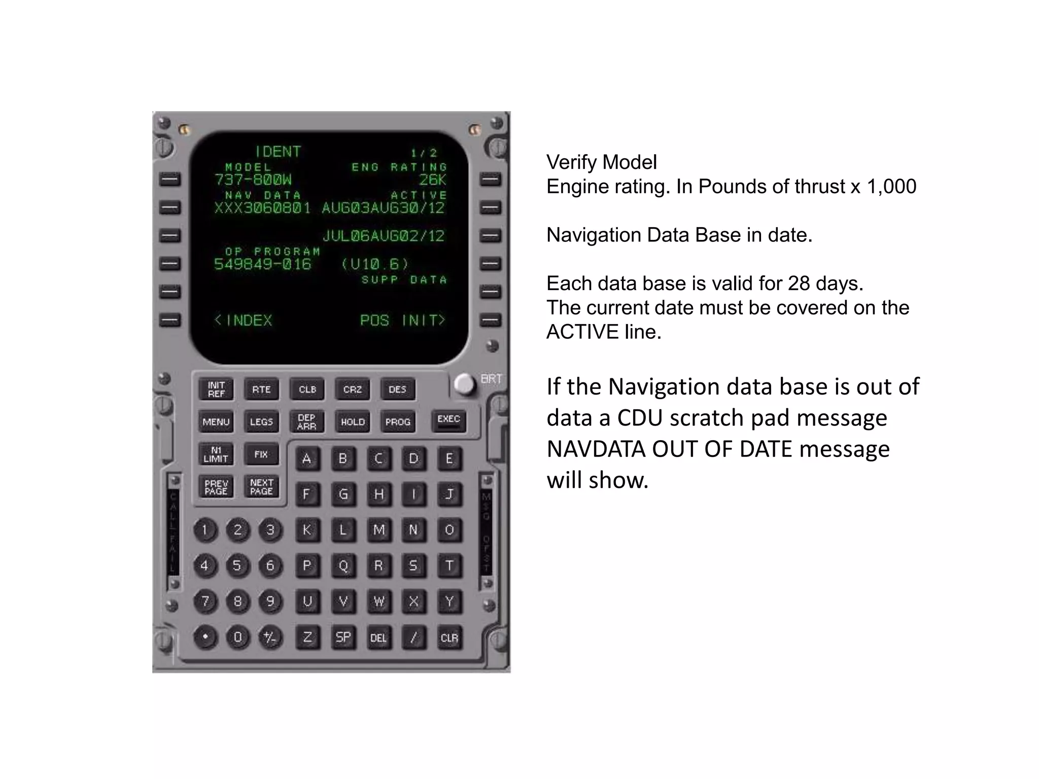 Verify Model
Engine rating. In Pounds of thrust x 1,000
Navigation Data Base in date.
Each data base is valid for 28 days.
The current date must be covered on the
ACTIVE line.
If the Navigation data base is out of
data a CDU scratch pad message
NAVDATA OUT OF DATE message
will show.
 
