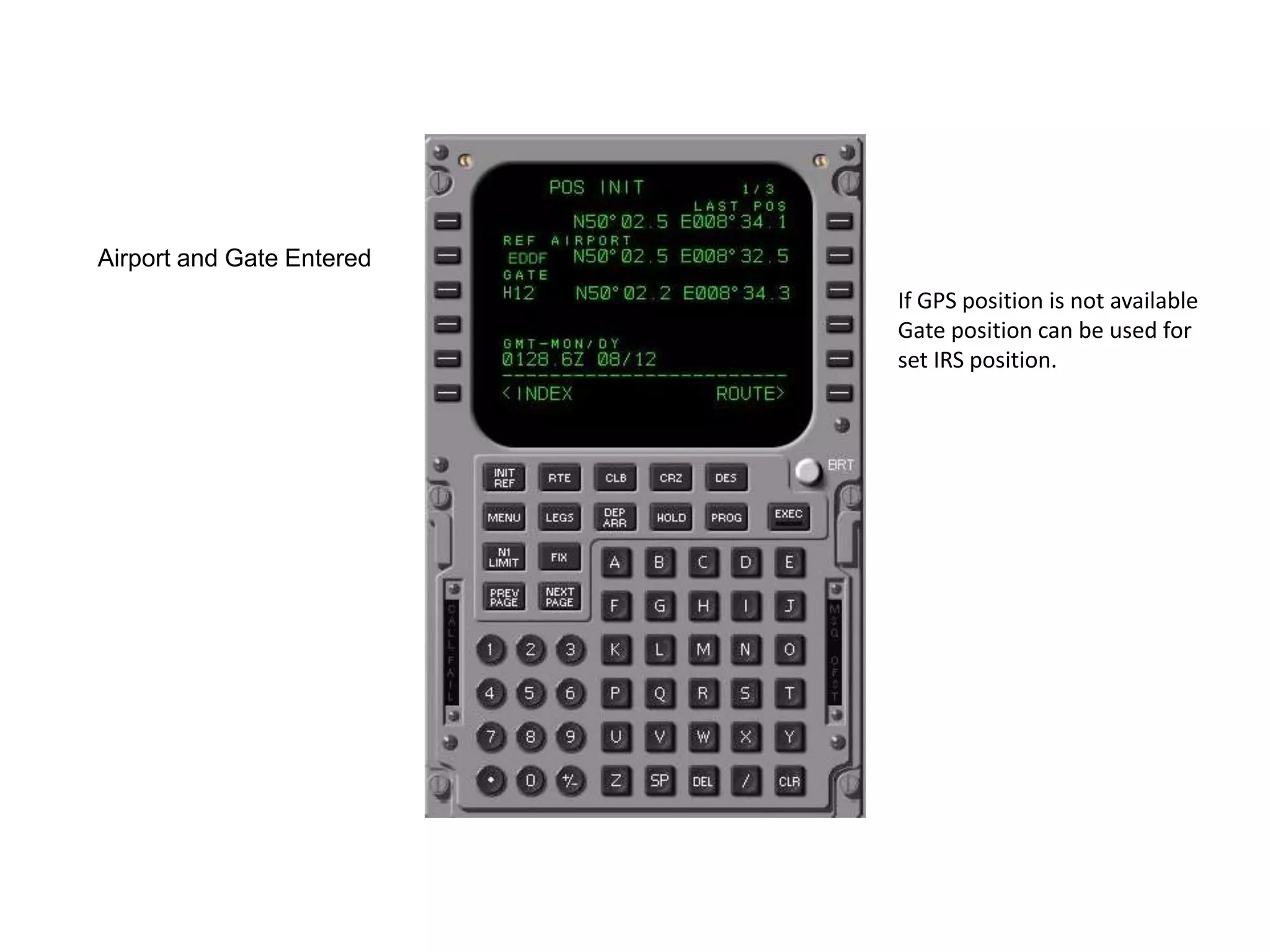 Displays GPS time and date. Or time and date
from the captains clock depending on the
aircraft fit. If the GPS or clock time is not
valid, GMT starts at 0000.0Z when the FMC is
first powered. MON/DY is blank.
Manually enter the correct GMT.
 