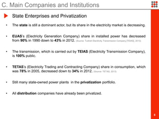 8
• The state is still a dominant actor, but its share in the electricity market is decreasing.
• EUAS’s (Electricity Generation Company) share in installed power has decreased
from 90% in 1990 down to 43% in 2012. (Source: Turkish Electricity Transmission Company [TEIAS], 2013)
• The transmission, which is carried out by TEIAS (Electricity Transmission Company),
is 100% public.
• TETAS’s (Electricity Trading and Contracting Company) share in consumption, which
was 78% in 2005, decreased down to 34% in 2012. (Source: TETAS, 2013)
• Still many state-owned power plants in the privatization portfolio.
• All distribution companies have already been privatized.
C. Main Companies and Institutions
State Enterprises and Privatization
 