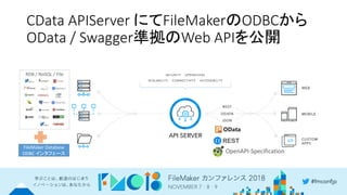 CData APIServer にてFileMakerのODBCから
OData / Swagger準拠のWeb APIを公開
OpenAPI-Specification
FileMaker Database
ODBC インタフェース
 