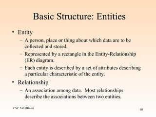 CSC 240 (Blum) 10
Basic Structure: Entities
• Entity
– A person, place or thing about which data are to be
collected and stored.
– Represented by a rectangle in the Entity-Relationship
(ER) diagram.
– Each entity is described by a set of attributes describing
a particular characteristic of the entity.
• Relationship
– An association among data. Most relationships
describe the associations between two entities.
 