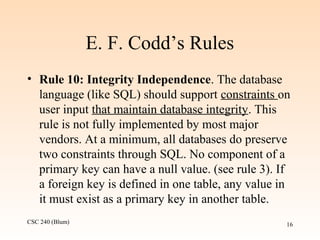 CSC 240 (Blum) 16
E. F. Codd’s Rules
• Rule 10: Integrity Independence. The database
language (like SQL) should support constraints on
user input that maintain database integrity. This
rule is not fully implemented by most major
vendors. At a minimum, all databases do preserve
two constraints through SQL. No component of a
primary key can have a null value. (see rule 3). If
a foreign key is defined in one table, any value in
it must exist as a primary key in another table.
 