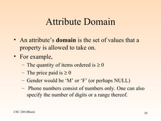 CSC 240 (Blum) 39
Attribute Domain
• An attribute’s domain is the set of values that a
property is allowed to take on.
• For example,
– The quantity of items ordered is ≥ 0
– The price paid is ≥ 0
– Gender would be ‘M’ or ‘F’ (or perhaps NULL)
– Phone numbers consist of numbers only. One can also
specify the number of digits or a range thereof.
 