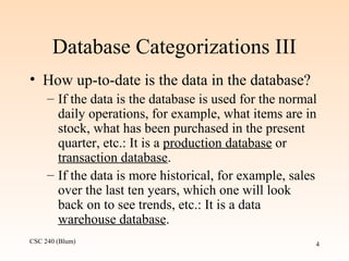 CSC 240 (Blum) 4
Database Categorizations III
• How up-to-date is the data in the database?
– If the data is the database is used for the normal
daily operations, for example, what items are in
stock, what has been purchased in the present
quarter, etc.: It is a production database or
transaction database.
– If the data is more historical, for example, sales
over the last ten years, which one will look
back on to see trends, etc.: It is a data
warehouse database.
 