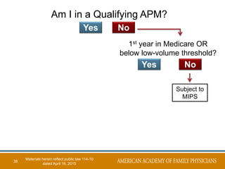 38
Yes No
1st year in Medicare OR
below low-volume threshold?
Subject to
MIPS
Yes No
Am I in a Qualifying APM?
Materials herein reflect public law 114-10
dated April 16, 2015
 