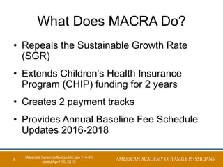 What Does MACRA Do?
• Repeals the Sustainable Growth Rate
(SGR)
• Extends Children’s Health Insurance
Program (CHIP) funding for 2 years
• Creates 2 payment tracks
• Provides Annual Baseline Fee Schedule
Updates 2016-2018
6
Materials herein reflect public law 114-10
dated April 16, 2015
 