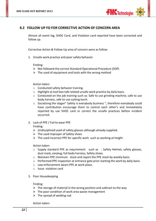 HSE CLOSE OUT REPORT 2013

8.2 FOLLOW UP FO FOR CORRECTIVE ACTION OF CONCERN AREA
Almost all event log, SHOC Card, and Violation card reported have been corrected and
follow up.
Corrective Action & Follow-Up area of concern were as follow:
1. Unsafe work practice and poor safety behavior
Finding:
 Not followed the correct Standard Operational Procedure (SOP)
 The used of equipment and tools with the wrong method
Action taken:
o Conducted safety behavior training.
o Highlight at tool box talk related unsafe work practice by daily basis.
o Conducted on the job training such as: Safe to use grinding machine, safe to use
body harness, safe to use cutting torch.
o Socializing the slogan” Safety is everybody business “, therefore everybody could
have contribution encourage them to control each other’s and immediately
reported by use SHOC card or correct the unsafe practices before incident
occurred.
2. Lack of PPE / Fail to wear PPE
Finding:
 Undisciplined used of safety glasses although already supplied.
 The used improper of Safety shoes
 The used incorrect PPE for specific work such as working at height
Action taken:
o Supply standard PPE as requirement such as : Safety Helmet, safety glasses,
dust mask, earplug, full body harness, Safety shoes.
o Maintain PPE minimum stock and report the PPE stock by weekly basis.
o Performed PPE inspection at entrance gate prior starting the work by daily basis.
o Law enforcement wears PPE at work place.
o Issue violation card
3. Poor Housekeeping
Finding:
 The storage of material in the wrong position and subtract to the way
 The poor condition of work area waste management
 The spread of welding rod
Action taken:
12

 