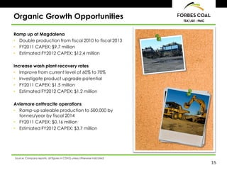Organic Growth Opportunities                                               TSX/JSE : FMC



Ramp up at Magdalena
• Double production from fiscal 2010 to fiscal 2013
• FY2011 CAPEX: $9.7 million
• Estimated FY2012 CAPEX: $12.4 million

Increase wash plant recovery rates
• Improve from current level of 60% to 70%
• Investigate product upgrade potential
• FY2011 CAPEX: $1.5 million
• Estimated FY2012 CAPEX: $1.2 million

Aviemore anthracite operations
• Ramp-up saleable production to 500,000 by
  tonnes/year by fiscal 2014
• FY2011 CAPEX: $0.16 million
• Estimated FY2012 CAPEX: $3.7 million




Source: Company reports, all figures in CDN $ unless otherwise indicated
                                                                                           15
 