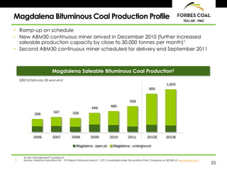 Magdalena Bituminous Coal Production Profile                                                                                       TSX/JSE : FMC


• Ramp-up on schedule
• New ABM30 continuous miner arrived in December 2010 (further increased
  saleable production capacity by close to 30,000 tonnes per month)1
• Second ABM30 continuous miner scheduled for delivery end September 2011



                             Magdalena Saleable Bituminous Coal Production2
     (000 t)/February 28 year-end
                                                                                                                      1,003
                                                                                                        900


                                                                                         556
                                                           449            485
                              347            326
               299




              2006           2007           2008           2009           2010          2011           2012E          2013E

                                               Magdalena - open pit         Magdalena - underground


1.     As per management’s guidance
2.     Source: National Instrument 43 – 101 Report (Minxcon March 1, 2011) available under the profile of the Company on SEDAR at www.sedar.com.
                                                                                                                                                   21
 