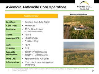 Aviemore Anthracite Coal Operations                                                                                             TSX/JSE : FMC



                                                                                                              Aviemore Operations
                            Asset Summary1


Location:                • Dundee, Kwa-Zulu, Natal
Coal Type:               • Anthracite
Resource:                • 35.7 million tonnes
                            (15.1 million tonnes inferred)

Acres:                   • 13,818
Average BTU:             • 12,800 BTU/lb
                         • 7,100 kcal/kg
Ash:                     • 13.7%
Volatility:              • 7.9%
Saleable                 • 2011FY2: 92,000 tonnes
Production:              • 2012FY2: 161,000 tonnes
Mine Life:               • Approximately +20 years
Infrastructure:          • Wash plant, processing plant
                           and siding
  1.   Source: National Instrument 43 – 101 Report (Minxcon March 1, 2011) available under the profile of the Company on SEDAR at www.sedar.com.
  2.   Fiscal year-end February 28
                                                                                                                                                   24
 