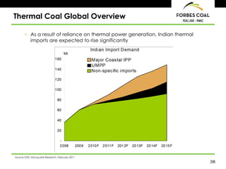 Thermal Coal Global Overview                                           TSX/JSE : FMC



       • As a result of reliance on thermal power generation, Indian thermal
         imports are expected to rise significantly




Source GTIS, Macquarie Research, February 2011
                                                                                       38
 