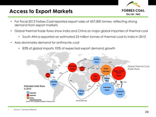 28
TSX/JSE : FMC
• For Fiscal 2013 Forbes Coal reported export sales of 437,000 tonnes, reflecting strong
demand from export markets
• Global thermal trade flows show India and China as major global importers of thermal coal
• South Africa exported an estimated 23 million tonnes of thermal coal to India in 2010
• Asia dominates demand for anthracite coal
• 83% of global imports; 95% of expected export demand growth
Access to Export Markets
Global Thermal Coal
Trade Flows
1. Source : Company Reports
 