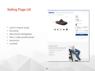Selling Page UX
• search engine ready
• branding
• descrizione dettagliata
• foto e video professionali
• recensioni
• correlati
66
 