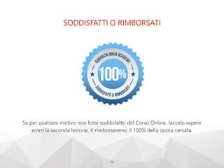 SODDISFATTI O RIMBORSATI
70
Se per qualsiasi motivo non fossi soddisfatto del Corso Online, faccelo sapere
entro la seconda lezione, ti rimborseremo il 100% della quota versata.
 