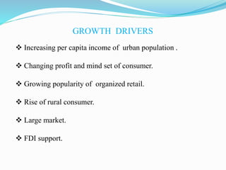 GROWTH DRIVERS
 Increasing per capita income of urban population .
 Changing profit and mind set of consumer.
 Growing popularity of organized retail.
 Rise of rural consumer.
 Large market.
 FDI support.
 