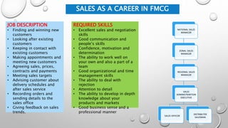 SALES AS A CAREER IN FMCG
REQUIRED SKILLS
• Excellent sales and negotiation
skills
• Good communication and
people’s skills
• Confidence, motivation and
determination
• The ability to work well on
your own and also a part of a
team
• Good organizational and time
management skills
• The ability to deal with
rejection
• Attention to detail
• The ability to develop in depth
knowledge about your
products and markets
• Good business sense and a
professional manner
JOB DESCRIPTION
• Finding and winning new
customers
• Looking after existing
customers
• Keeping in contact with
existing customers
• Making appointments and
meeting new customers
• Agreeing sales, prices,
contracts and payments
• Meeting sales targets
• Advising customer about
delivery schedules and
after sales service
• Recording orders and
sending details to the
sales office
• Giving feedback on sales
trends.
NATIONAL SALES
MANAGER
ZONAL SALES
MANAGER
REGIONAL SALES
MANAGER
SALES
ADMINISTRARTION
EXECUTIVE
SALES OFFICER
DISTRIBUTER
SALESMAN
 