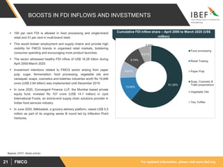 For updated information, please visit www.ibef.org
FMCG
21
BOOSTS IN FDI INFLOWS AND INVESTMENTS
Source: DPIIT, Media articles
▪ 100 per cent FDI is allowed in food processing and single-brand
retail and 51 per cent in multi-brand retail.
▪ This would bolster employment and supply chains and provide high
visibility for FMCG brands in organised retail markets, bolstering
consumer spending and encouraging more product launches.
▪ The sector witnessed healthy FDI inflow of US$ 16.28 billion during
April 2000-March 2020.
▪ Investment intentions related to FMCG sector arising from paper
pulp, sugar, fermentation, food processing, vegetable oils and
vanaspati, soaps, cosmetics and toiletries industries worth Rs 19,846
crore (US$ 2.84 billion) was implemented until December 2019.
▪ In June 2020, Convergent Finance LLP, the Mumbai based private
equity fund, invested Rs 107 crore (US$ 14.1 million) in Jyoti
International Foods, an end-to-end supply chain solutions provider in
Indian food services industry.
▪ In June 2020, Milkbasket, a grocery delivery platform, raised US$ 5.5
million as part of its ongoing series B round led by Inflection Point
Ventures.
Cumulative FDI inflow share – April 2000 to March 2020 (US$
million)
61.29%
13.06%
8.91%
9.79%
6.01%
0.93%
Food processing
Retail Trading
Paper Pulp
Soap, Cosmetic &
Toilet preperations
Vegetable Oils
Tea, Coffee
 