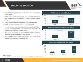 For updated information, please visit www.ibef.org
FMCG
3
EXECUTIVE SUMMARY
Final consumption expenditure (US$ trillion)
1.82
3.60
0
1
2
3
4
2017 2020F
Rural FMCG market in India (US$ billion)
23.63 100.00
220.00
0
50
100
150
200
250
2018(FY) 2020F 2025F
FMCG market in India (US$ billion)
Source: World Bank, Emami Reports, Dabur Reports, AC Nielsen, CRISIL, Nielsen Report, 2018
Notes: F- Forecast
68.38 103.70
0
50
100
150
FY18 FY21F
▪ Favourable demographics and rise in income level will boost the
FMCG market.
▪ FMCG market in India is expected to grow at a CAGR of 23.15 per
cent to reach US$ 103.70 billion by FY21 from US$ 68.38 billion in
FY18.
▪ FMCG sector is the fourth largest sector in the Indian economy.
▪ FMCG sector is expected to grow at 5-6 per cent in 2020.
▪ Final consumption expenditure is set to increase at a CAGR of 25.44
per cent during 2017-2021. It is expected to reach nearly US$ 3.60
trillion by 2020 from US$ 1.82 trillion in 2017.
▪ Rise in rural consumption will drive the FMCG market. It contributes
around 36 per cent to the overall FMCG spending.
▪ The rural FMCG market in India is expected to grow to US$ 220.00
billion by 2025 from US$ 23.63 billion in FY18.
CAGR 23.15%
CAGR 25.44%
 