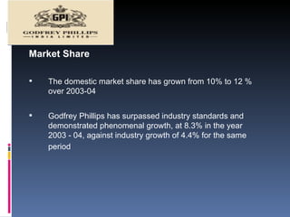 Market Share  The domestic market share has grown from 10% to 12 % over 2003-04 Godfrey Phillips has surpassed industry standards and demonstrated phenomenal growth, at 8.3% in the year 2003 - 04, against industry growth of 4.4% for the same period   