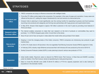 For updated information, please visit www.ibef.orgFMCG14
STRATEGIES
 FMCG companies are trying to influence consumers with intelligent deals.
 Firms like ITC offers combo deals to the consumers. For example, in the case of soaps and cosmetics; 4 soap cases are
offered at the price of 3, selling the range of deodorants for men and women at a discounted price.
 Amazon India is planning to invest significantly over the coming months for expanding its grocery and food business,
launching more products and categories and forming new partnerships with huge grocery and supermarket chains.
 In May 2018, Amazon India targets to capture 100 million customers in the next 5 years by providing more features in
Prime and Alexa.
Promotions and
offers
 The internet enables consumers to make their own research on the kind of products or commodities they want to
purchase. 1 in 3 FMCG shoppers goes online 1st and then to the stores.
 About 43 per cent of new car-buyers in cities select the model online and purchase it from dealer.
Research online
Purchase offline
 Keeping in mind the changing tastes of the Indian consumer, FMCG companies are introducing new products to gain
market share.
 In 2018, ITC made close to 40 launches in the non-cigarettes Fast Moving Consumer Goods (FMCG) segment in India.
 In February 2018, industry major Britannia announced that it will introduce 50 new products by the end of 2018-19.
 Godrej Consumer Products Limited (GCPL) is also planning to launch various new products in FY19.
New product
launches
Source: AC Nielsen
 Indian textile retailer, Raymond, plans to relaunch its FMCG brand, Park Avenue, in West Asia and SAARC countries,
under its initiative ‘One Park Avenue’ aimed at repositioning its male grooming brand.
 Dabur to invest Rs 250-300 crore (US$ 37.29-44.75 million) in FY19 for capacity expansion and is also looking for
acquisitions in the domestic market.
Expansion
 
