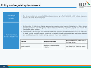 20
Policy and regulatory framework
 On November 11, 2020, Union Cabinet approved the production-linked incentive (PLI) scheme in 10 key sectors
(including electronics and white goods) to boost India’s manufacturing capabilities, exports and promote the
‘Atmanirbhar Bharat’ initiative.
 Developments in the packaged food sector will contribute to increased prices for farmer and reduce the high levels
of waste. In order to provide support through the PLI scheme, unique product lines—with high-growth potential
and capabilities to generate medium- to large-scale jobs—have been established.
Production-Linked
Incentive (PLI) Scheme
 The Government of India provided a full tax rebate on income up to Rs. 5 lakh (US$ 6,930) to boost disposable
income in the hands of common people.
Union Budget
2019-20
Sectors Ministry/Department
Approved financial outlay over a
five-year period
Food Products
Ministry of Food Processing
Industries
Rs. 10,900 crore (US$ 1.48 billion)
 