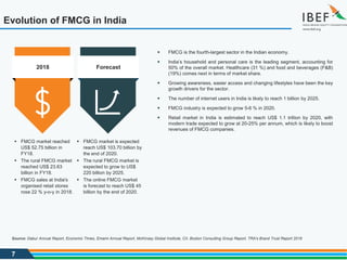 7
Evolution of FMCG in India
Source: Dabur Annual Report, Economic Times, Emami Annual Report, McKinsey Global Institute, CII, Boston Consulting Group Report, TRA's Brand Trust Report 2018
 FMCG is the fourth-largest sector in the Indian economy.
 India’s household and personal care is the leading segment, accounting for
50% of the overall market. Healthcare (31 %) and food and beverages (F&B)
(19%) comes next in terms of market share.
 Growing awareness, easier access and changing lifestyles have been the key
growth drivers for the sector.
 The number of internet users in India is likely to reach 1 billion by 2025.
 FMCG industry is expected to grow 5-6 % in 2020.
 Retail market in India is estimated to reach US$ 1.1 trillion by 2020, with
modern trade expected to grow at 20-25% per annum, which is likely to boost
revenues of FMCG companies.
2018 Forecast
 FMCG market reached
US$ 52.75 billion in
FY18.
 The rural FMCG market
reached US$ 23.63
billion in FY18.
 FMCG sales at India's
organised retail stores
rose 22 % y-o-y in 2018.
 FMCG market is expected
reach US$ 103.70 billion by
the end of 2020.
 The rural FMCG market is
expected to grow to US$
220 billion by 2025.
 The online FMCG market
is forecast to reach US$ 45
billion by the end of 2020.
 
