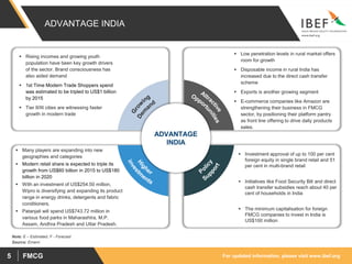 For updated information, please visit www.ibef.orgFMCG5
ADVANTAGE INDIA
 Rising incomes and growing youth
population have been key growth drivers
of the sector. Brand consciousness has
also aided demand
 1st Time Modern Trade Shoppers spend
was estimated to be tripled to US$1 billion
by 2015
 Tier II/III cities are witnessing faster
growth in modern trade
 Low penetration levels in rural market offers
room for growth
 Disposable income in rural India has
increased due to the direct cash transfer
scheme
 Exports is another growing segment
 E-commerce companies like Amazon are
strengthening their business in FMCG
sector, by positioning their platform pantry
as front line offering to drive daily products
sales.
 Many players are expanding into new
geographies and categories
 Modern retail share is expected to triple its
growth from US$60 billion in 2015 to US$180
billion in 2020
 With an investment of US$254.50 million,
Wipro is diversifying and expanding its product
range in energy drinks, detergents and fabric
conditioners.
 Patanjali will spend US$743.72 million in
various food parks in Maharashtra, M.P.
Assam, Andhra Pradesh and Uttar Pradesh.
 Investment approval of up to 100 per cent
foreign equity in single brand retail and 51
per cent in multi-brand retail
 Initiatives like Food Security Bill and direct
cash transfer subsidies reach about 40 per
cent of households in India
 The minimum capitalisation for foreign
FMCG companies to invest in India is
US$100 million
ADVANTAGE
INDIA
Source: Emami
Note: E – Estimated, F - Forecast
 