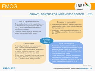 2727MARCH 2017 For updated information, please visit www.ibef.org
GROWTH DRIVERS FOR INDIA’s FMCG SECTOR … (2/2)
Source: Dabur
FMCG
Growth
drivers
Increase in penetration
• Low penetration levels of branded products in
categories like instant foods indicating a scope
for volume growth
• Investment in this sector attracts investors as
the FMCG products have demand throughout
the year.
Rural consumption
• Rural consumption has increased, led by a
combination of increasing incomes and higher
aspiration levels, there is an increased
demand for branded products in rural India
• Huge untapped rural market
• Godrej is launching OneRural programme to
generate more revenues from rural areas
• Rural India is estimated to account for ~50 per
cent of the total FMCG market, in 2016
Shift to organised market
• Organised sector growth is expected to grow
as the share of unorganised market in the
FMCG sector fall with increased level of
brand consciousness
• Growth in modern retail will augment the
growth of organised FMCG sector
Easy access
• Availability of products has become way
more easier as internet and different
channels of sales has made the accessibility
of desired product to customers more
convenient at required time and place
• Online grocery stores and online retail stores
like Grofers, Flipkart, Amazon making the
FMCG product s more readily available
 