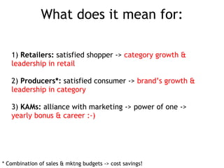 1) Retailers: satisfied shopper -> category growth & leadership in retail 2) Producers*: satisfied consumer -> brand’s growth & leadership in category 3) KAMs: alliance with marketing -> power of one -> yearly bonus & career :-) What does it mean for: * Combination of sales & mktng budgets -> cost savings!