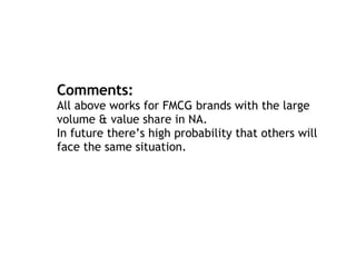 Comments: All above works for FMCG brands with the large volume & value share in NA. In future there’s high probability that others will face the same situation.