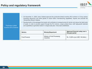 20
Policy and regulatory framework
 On November 11, 2020, Union Cabinet approved the production-linked incentive (PLI) scheme in 10 key sectors
(including electronics and white goods) to boost India’s manufacturing capabilities, exports and promote the
‘Atmanirbhar Bharat’ initiative.
 Developments in the packaged food sector will contribute to increased prices for farmer and reduce the high levels
of waste. In order to provide support through the PLI scheme, unique product lines—with high-growth potential
and capabilities to generate medium- to large-scale jobs—have been established.
Production-Linked
Incentive (PLI) Scheme
Sectors Ministry/Department
Approved financial outlay over a
five-year period
Food Products
Ministry of Food Processing
Industries
Rs. 10,900 crore (US$ 1.48 billion)
 