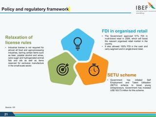 21
Policy and regulatory framework
SETU scheme
• Government has initiated Self
Employment and Talent Utilisation
(SETU) scheme to boost young
entrepreneurs. Government has invested
US$ 163.73 million for this scheme.
Relaxation of
license rules
• Industrial license is not required for
almost all food and agro-processing
industries, barring certain items such
as beer, potable alcohol and wines,
cane sugar and hydrogenated animal
fats and oils as well as items
reserved for exclusive manufacture
in the small-scale sector.
FDI in organised retail
• The Government approved 51% FDI in
multi-brand retail in 2006, which will boost
the nascent organised retail market in the
country.
• It also allowed 100% FDI in the cash and
carry segment and in single-brand retail.
Source: SBI
 