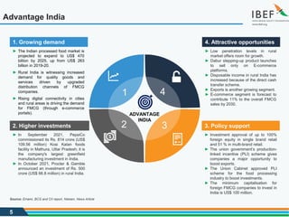 5
Advantage India
ADVANTAGE
INDIA
1 4
3
2
► The Indian processed food market is
projected to expand to US$ 470
billion by 2025, up from US$ 263
billion in 2019-20.
► Rural India is witnessing increased
demand for quality goods and
services driven by upgraded
distribution channels of FMCG
companies.
► Rising digital connectivity in cities
and rural areas is driving the demand
for FMCG (through e-commerce
portals).
1. Growing demand
► Low penetration levels in rural
market offers room for growth.
► Dabur stepping-up product launches
to sell only on E-commerce
platforms.
► Disposable income in rural India has
increased because of the direct cash
transfer scheme.
► Exports is another growing segment.
► E-commerce segment is forecast to
contribute 11% to the overall FMCG
sales by 2030.
4. Attractive opportunities
► In September 2021, PepsiCo
commissioned its Rs. 814 crore (US$
109.56 million) Kosi Kalan foods
facility in Mathura, Uttar Pradesh; it is
the company's largest greenfield
manufacturing investment in India.
► In October 2021, Procter & Gamble
announced an investment of Rs. 500
crore (US$ 66.8 million) in rural India.
2. Higher investments
► Investment approval of up to 100%
foreign equity in single brand retail
and 51 % in multi-brand retail.
► The union government’s production-
linked incentive (PLI) scheme gives
companies a major opportunity to
boost exports.
► The Union Cabinet approved PLI
scheme for the food processing
industry to boost investments.
► The minimum capitalisation for
foreign FMCG companies to invest in
India is US$ 100 million.
3. Policy support
Source: Emami, BCG and CII report, Nielsen, News Article
 