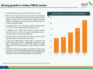9
 The FMCG sector’s revenue reached US$ 110 billion in 2020.
 FMCG sector will gain support for growth from Inland Waterways
Authority of India (IWAI) multi-modal transportation project of freight
village at Varanasi, which will bring together retailers, warehouse
operators and logistics service providers, and investment worth Rs.
1.7 billion (US$ 25.35 million).
 In September 2021, rural consumption of FMCG increased 58.2%
YoY; this is 2x more than the urban consumption (27.7%).
 In September 2021, FMCG major Godrej Consumer Products,
announced that it is looking at clocking a double-digit growth in
FY22 with expansion across various segments.
 The FMCG sector grew by 36.9% in the April-June quarter of 2021
despite lockdowns in various parts of the country.
 In June 2021, MoM growth in FMCG sales in urban and rural
markets was 63.6% and 32.8%, respectively. Tier-II cities led the
way in urban growth, with a 23.7% MoM increase in monthly
stocking per kirana, whereas stocking in rural kiranas only climbed
by 2%.
 The FMCG sector's revenue growth will double from 5-6% in FY21
to 10-12% in FY22. Price increases across product categories will
offset the price of raw materials, along with volume growth and a
resurgence in demand for discretionary items, will drive growth.
49.0
52.8
68.4
83.3
110.0
0
20
40
60
80
100
120
2016 2017 2018 2019 2020
Source: Dabur, AC Nielsen, Euromonitor International, ICICI securities, Nielsen India, CRISIL Ratings
Strong growth in Indian FMCG sector
Trends in FMCG revenues over the years (US$ billion)
 