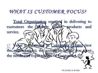 WHAT IS CUSTOMER FOCUS?
    Total Organization engaged in delivering to
customers the highest quality products and
service...
