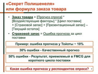 «Секрет Полишенеля»
или формула заказа товара
 • Заказ товара = [Прогноз спроса] *
   [Воздействующие факторы] * [Цикл поставки]
   + [Страховой запас] + [Презентационный запас] –
   [Текущий остаток]
 • Страховой запас = Ошибка прогноза за цикл
   поставки
     Пример: ошибка прогноза у Тойоты ~ 10%
       30% ошибки - Качественный прогноз
 50% ошибки - Результат, приемлемый в FMCG для
           короткого цикла поставки

  Какая ошибка прогноза у респондентов опроса?       7
 