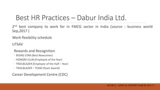 Best HR Practices – Dabur India Ltd.
2nd best company to work for in FMCG sector in India (source : business world
Sep,2017 )
Work flexibility schedule
UTSAV
Rewards and Recognition
◦ RISING STAR (Best Newcomer)
◦ HONORS CLUB (Employee of the Year)
◦ TRAILBLAZER (Employee of the Half – Year)
◦ TRAILBLAZER – TEAM (Team Award)
Career Development Centre (CDC)
SOURCE - ANNUAL REPORT DABUR 2016-17
 