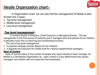 Nestle Organization chart:-
In Organization chart, we can see that the management of Nestle is also
divided into 3 types,
 Top level management
 Middle level management
 Low level management
Top level management:-
It contains Board of Directors, Chief Executive or Managing Director . The top
management is the final source of authority and it manages aims and policies for an initiative.
It delicates more time on planning and coordinating functions.
The role of top level management
 It prepares strategic policies &plans for the initiative.
 It appoints the Executive for middle level for instance departmental managers.
Span of Control
Span of Control refers to the number of people who report directly to each manager. As
Nestle is a Centralized Organization so , span control is a key determinant how closely
managers can interact with and supervise that employees.
 
