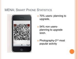 MENA: SMART PHONE STATISTICS
                      70% users- planning to
                       upgrade.

                      54% non users-
                       planning to upgrade
                       soon.

                      Photography-2nd most
                       popular activity
 