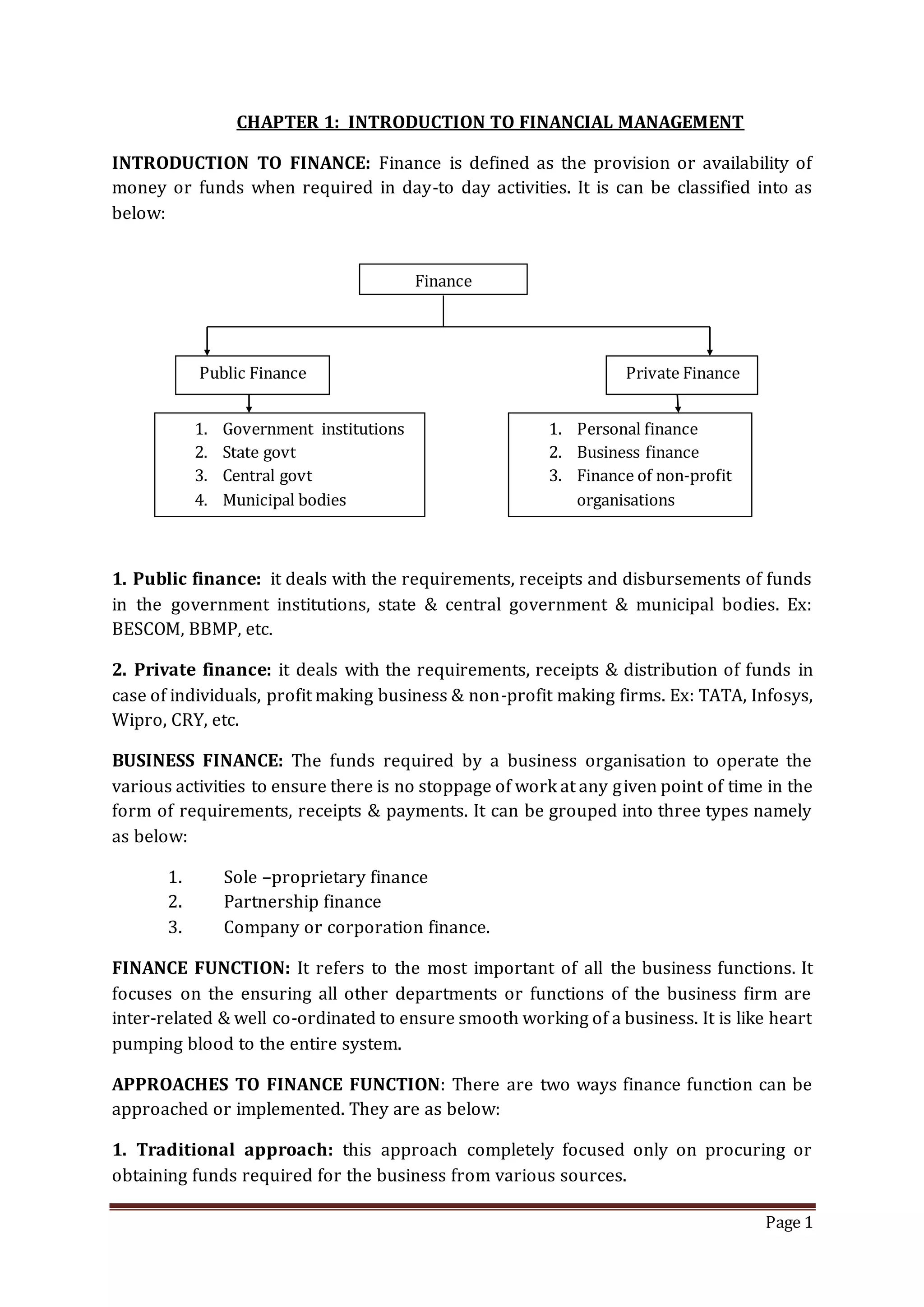 Page 1
CHAPTER 1: INTRODUCTION TO FINANCIAL MANAGEMENT
INTRODUCTION TO FINANCE: Finance is defined as the provision or availability of
money or funds when required in day-to day activities. It is can be classified into as
below:
1. Public finance: it deals with the requirements, receipts and disbursements of funds
in the government institutions, state & central government & municipal bodies. Ex:
BESCOM, BBMP, etc.
2. Private finance: it deals with the requirements, receipts & distribution of funds in
case of individuals, profit making business & non-profit making firms. Ex: TATA, Infosys,
Wipro, CRY, etc.
BUSINESS FINANCE: The funds required by a business organisation to operate the
various activities to ensure there is no stoppage of work at any given point of time in the
form of requirements, receipts & payments. It can be grouped into three types namely
as below:
1. Sole –proprietary finance
2. Partnership finance
3. Company or corporation finance.
FINANCE FUNCTION: It refers to the most important of all the business functions. It
focuses on the ensuring all other departments or functions of the business firm are
inter-related & well co-ordinated to ensure smooth working of a business. It is like heart
pumping blood to the entire system.
APPROACHES TO FINANCE FUNCTION: There are two ways finance function can be
approached or implemented. They are as below:
1. Traditional approach: this approach completely focused only on procuring or
obtaining funds required for the business from various sources.
Finance
Public Finance Private Finance
1. Government institutions
2. State govt
3. Central govt
4. Municipal bodies
1. Personal finance
2. Business finance
3. Finance of non-profit
organisations
 