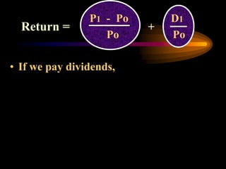 • If we pay dividends,
P1 - Po D1
Po Po
+
Return =
 