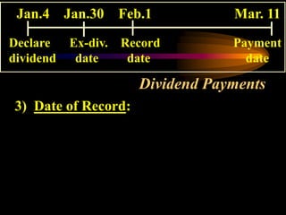 Dividend Payments
3) Date of Record:
Jan.4 Jan.30 Feb.1 Mar. 11
Declare Ex-div. Record Payment
dividend date date date
 
