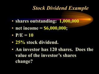 Stock Dividend Example
• shares outstanding: 1,000,000
• net income = $6,000,000;
• P/E = 10
• 25% stock dividend.
• An investor has 120 shares. Does the
value of the investor’s shares
change?
 