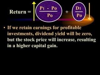 • If we retain earnings for profitable
investments, dividend yield will be zero,
but the stock price will increase, resulting
in a higher capital gain.
P1 - Po D1
Po Po
+
Return =
 
